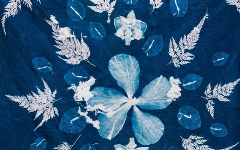 A deep blue cyanotype bandana hung outdoors, printed with white silhouettes of ferns, leaves, and a large flower.